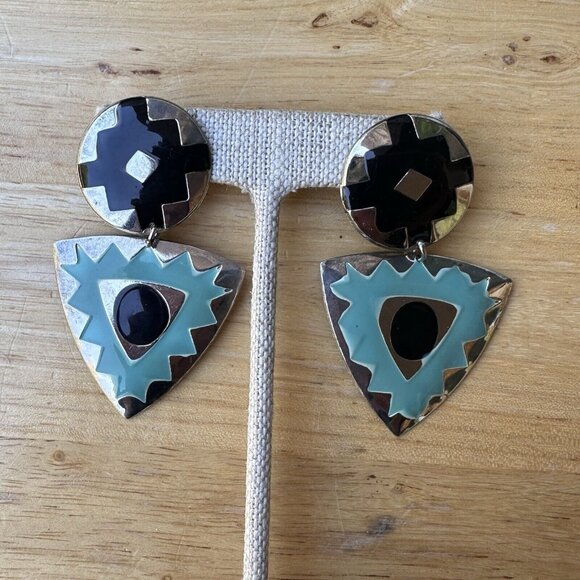 VTG Southwestern Style Earrings Dangle Drop‎ Pierced Geometric Blue Black 2.5" - Picture 1 of 5